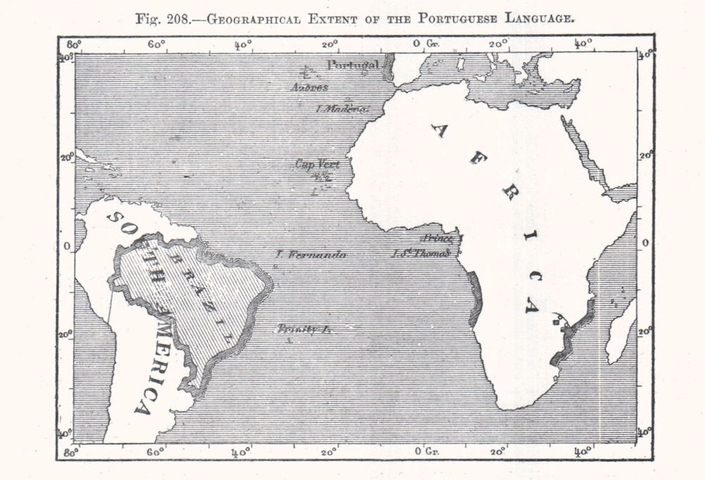 Geographical Extent of the Portuguese Language. Brazil Africa. Sketch map 1885